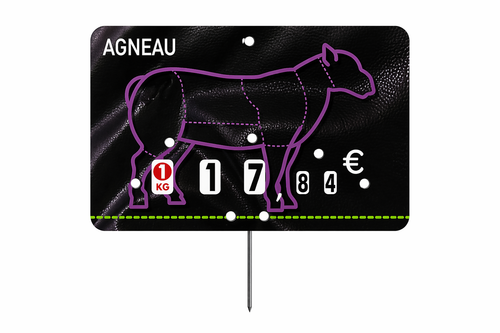 Étiquettes boucherie “Agneau” PVC cristal – contact alimentaire avec pique inox