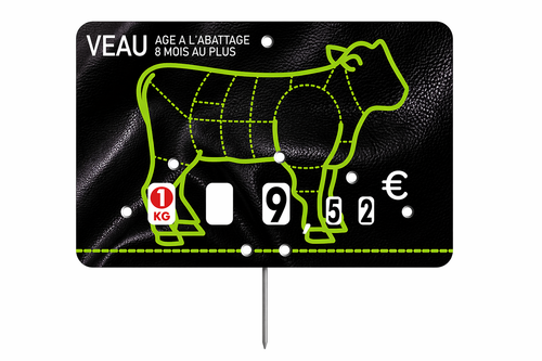 Étiquettes boucherie “Veau” PVC cristal – contact alimentaire avec pique inox
