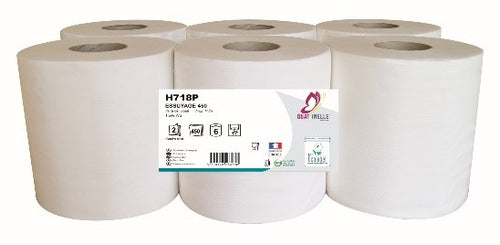 Rouleaux essuie-mains dévidage central 450 formats – ouate gaufrée 2 plis – paquet de 6