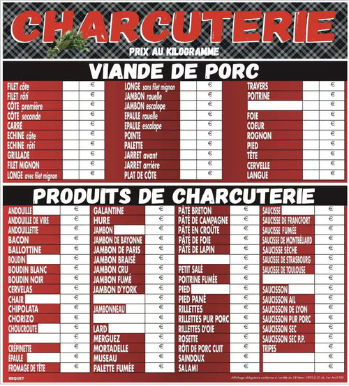 Tableau de tarifs charcuterie “Tendance” – Panneau affichage prix charcuterie marché et boucherie