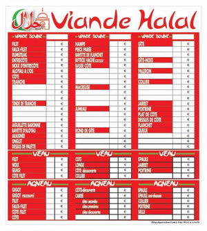 Tableau de tarif boucherie halal “Tendance” VBVA – Affichage prix viande bovine, veau, agneau
