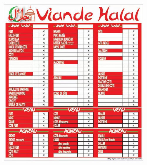 Tableau de tarif boucherie halal “Tendance” VBVA – Affichage prix viande bovine, veau, agneau